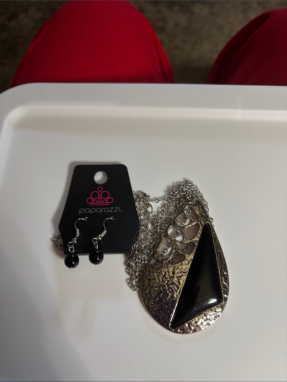 Paparazzi Silver Pendant Necklace with Black Stone & Matching Earrings